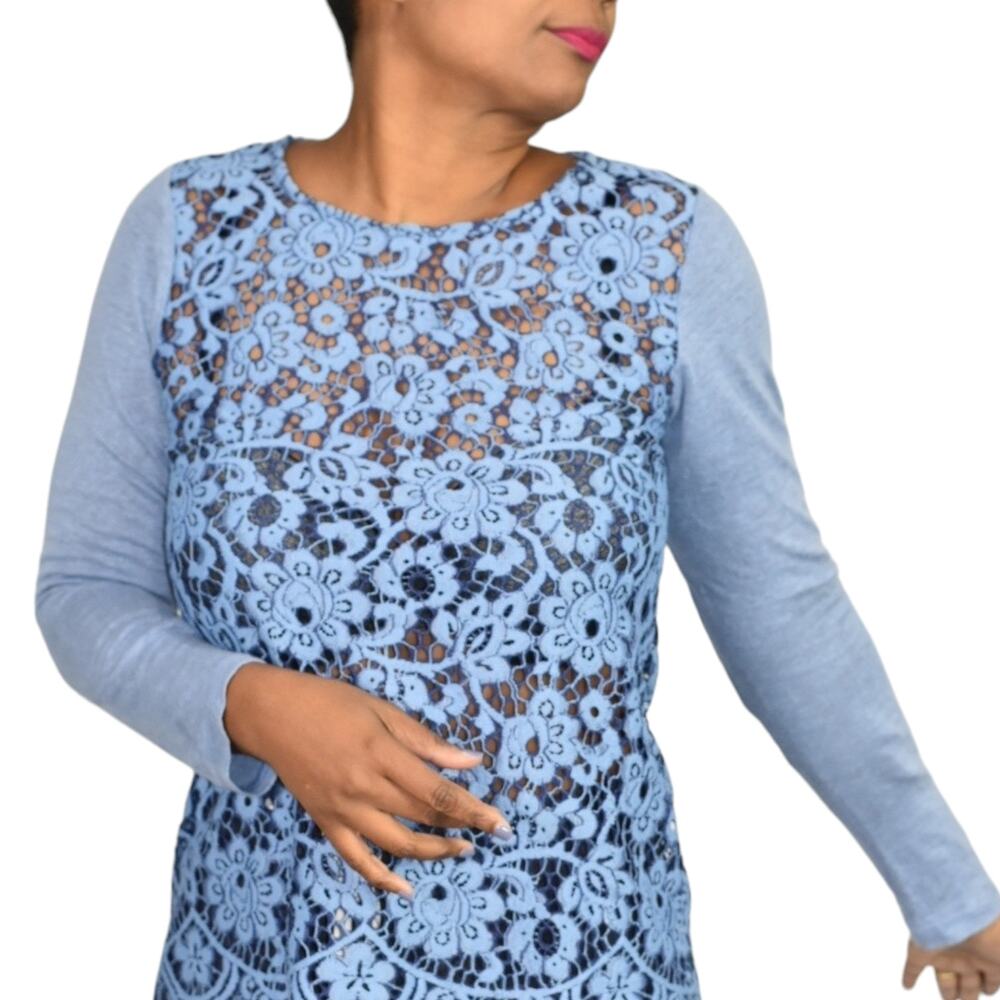 Sundance Ariadna Top Blue Lace Knit Sweater Scallop Hem Long Sleeves Size XS - Picture 11 of 14